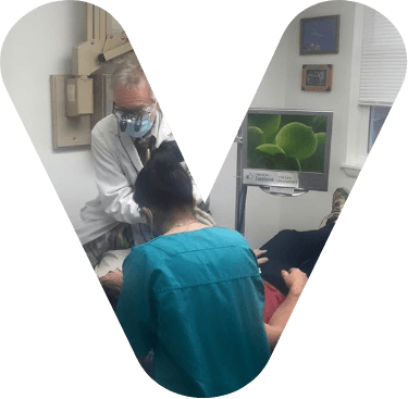 Dentist and team member treating dental patient shaped like the letter V
