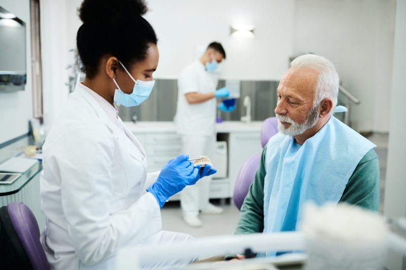 A patient consulting a dentist about dentures