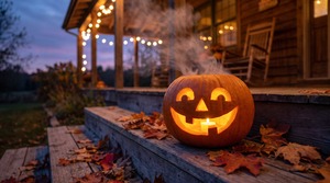 Jack-o-lantern sitting on front porch steps